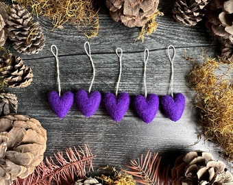 Felt Heart Ornaments, Violet Purple Wool Set of 5, Holiday Decor