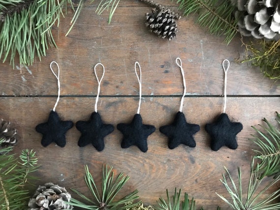 Felt Star Ornaments, Set of 5, Raven Black, Mini Black Ornaments