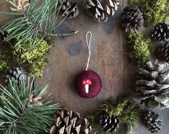 Felted Mushroom Christmas Ornament, Amanita Toadstool, Marionberry Red