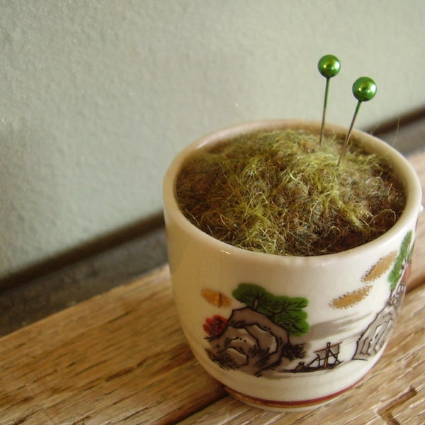 RESERVED: Mossy wool pincushion in a vintage ceramic sake cup and tiny wool seedling in a terra cotta pot