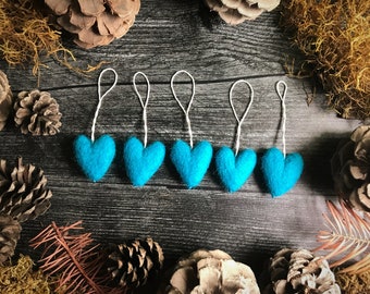 Wool heart ornaments, set of 5, Midday Blue, miniature christmas ornament, turquoise christmas decor, teacher gift, turquoise hearts