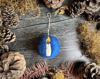 Round Christmas ornament, Lake Blue w/ Candle, felted wool ornament, blue Christmas ornament, handmade eco friendly ornament