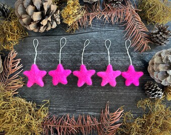 Felt Star Ornaments, Rhododendron Pink, Set of 5, Mini Christmas Stars