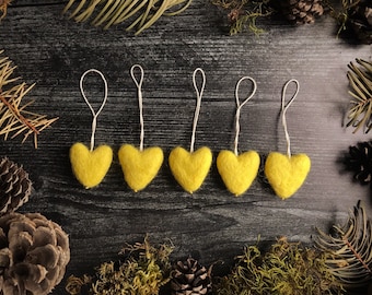 Felted wool heart ornaments, set of 5, Mahonia Yellow, mini yellow ornaments for Christmas tree, teacher christmas gift, eo oil diffuser car