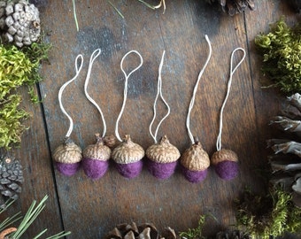Wool acorn Christmas ornaments, set of 6, Sunset Purple, felted wool acorn ornaments, teacher gift, autumn decor, purple christmas ornaments