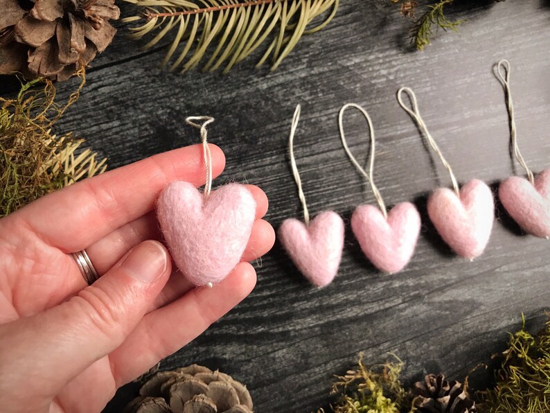 May include: A collection of small, light pink felt heart ornaments with silver string loops for hanging. The hearts are displayed against a dark wood background with natural elements like moss and pinecones, creating a rustic aesthetic.