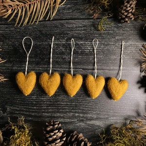 Felted Wool Heart Ornaments, Set of 5, Gold Clay, Christmas Tree Decoration