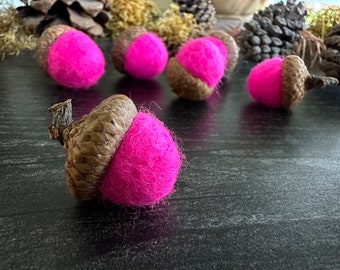 Needle felted wool acorns, set of 6, Rhododendron Pink, waldorf acorns, pink autumn decor, fall decor, montessori sorting, pink wool acorns