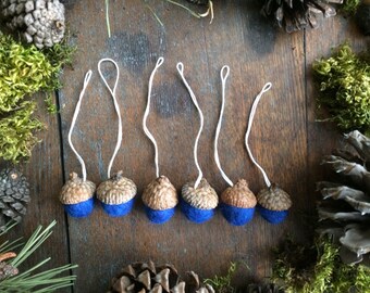 Wool acorn Christmas ornaments, set of 6, Lake Blue, Christmas mini ornaments, felted wool acorn ornaments, winter holiday home decor