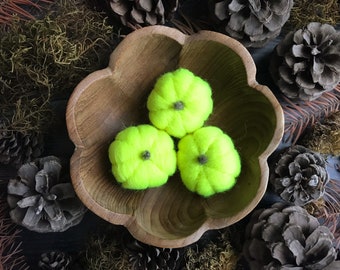 Felted wool pumpkins, set of 3, Neon Yellow, Halloween decor, yellow felt pumpkin, bright yellow wool pumpkin, miniature harvest pumpkins