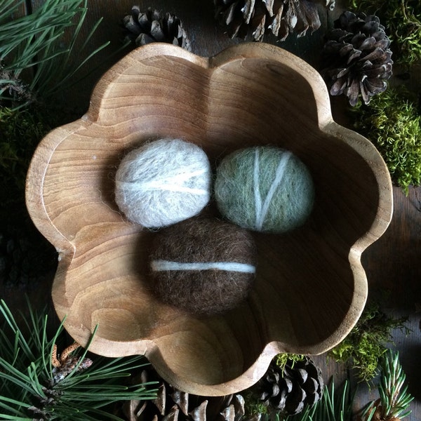 Felt pebbles, set of 3, Light Grey, Pastel Green Heather, and Dark Brown, wool river rocks, natural waldorf centerpiece, brown felt stone