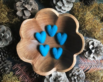 Felted wool hearts, set of 5, Midday Blue, miniature cerulean needle felted wool heart, housewarming gift, blue heart, friend valentine