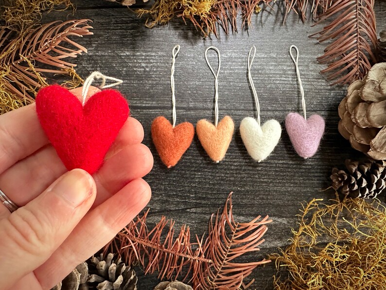 Felted wool heart ornaments, set of 5, Sunrise Gradient, heart Christmas ornaments, miniature heart ornament, teacher gift, gifts under 30 image 2