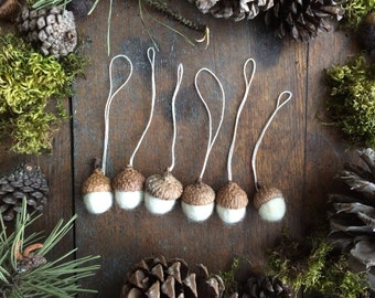 Felted Wool Acorn Ornaments, Snowberry White, Set of 6