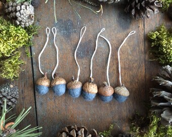 Wool acorn Christmas ornaments, set of 6, Raincloud Blue, miniature Christmas ornaments holiday decor, blue felt wool acorns, gift under 35