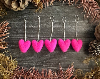 Felted heart ornaments, set of 5, Rhododendron Pink, miniature felt heart Christmas ornaments, valentine for teacher, bright pink ornaments