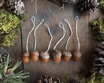 Felted wool acorn ornaments, set of 6, Fox Brown, wool waldorf ornaments, miniature acorn ornament set, brown felt acorn, woodland christmas