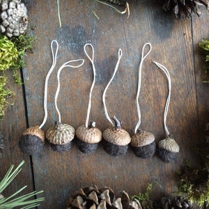 Wool acorn Christmas ornaments, set of 6, Morel Brown, miniature acorn ornaments, felt waldorf christmas ornament, woodland christmas