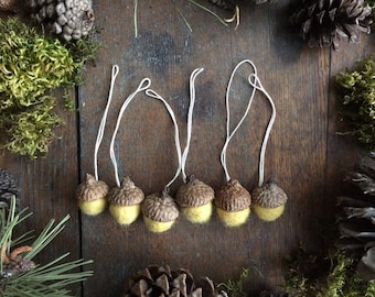 Wool acorn Christmas ornaments, set of 6, Mahonia Yellow, felted wool ornaments, yellow ornaments for mini Christmas trees, waldorf gift