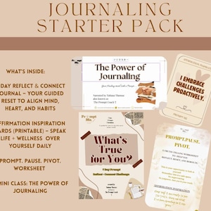 Puede incluir: Un paquete de inicio de diario con un fondo beige. El paquete incluye un diario de reflexión y conexión de 7 días, tarjetas de inspiración de afirmación y una hoja de trabajo de indicaciones. El texto de las tarjetas incluye "Acepto los desafíos de forma proactiva."