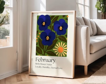Könnte beinhalten: Ein gerahmter Kunstdruck mit einem floralen Design. Er zeigt drei blaue Stiefmütterchen, eine gelb-orangefarbene Gänseblümchen und grüne Blätter auf grünem Hintergrund. Der Druck enthält den Text "February" und "Birth Flower: Violet".
