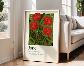 June Birth Flower Rose Print | Digital Download Wall Art | Birth Month Flower Botanical Illustration | Rose Birthday Gift Printable Decor