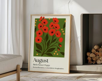 Impresión digital de flores de nacimiento de agosto / Descarga de arte mural de amapola / Decoración floral de cumpleaños llamativa / Arte imprimible al instante