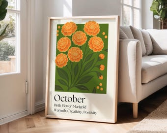 October Birth Flower Marigold Print | Digital Download | Botanical Wall Art | Birth Month Flower Art | Autumn Floral Home Decor