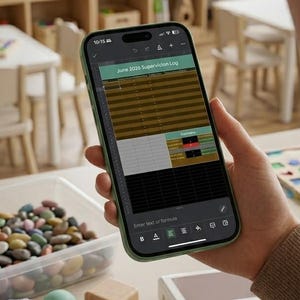 May include: A person holding a green smartphone displaying a spreadsheet labeled "June 2026 Supervision Log." Various educational toys and tools, including a token board, are arranged on a light-colored surface. The background shows a classroom setting.