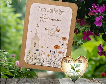 Einpflanzbare Grußkarte zur Kommunion aus Samenpapier | Kommunionsgeschenk zum Pflanzen | Karte zur Kommunion | nachhaltiges Blumen-Geschenk