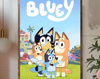 Póster sin marco de la familia Bluey posando juntos, arte mural clásico de la familia Heeler, lámina para habitación infantil de 2026, decoración de sala de juegos