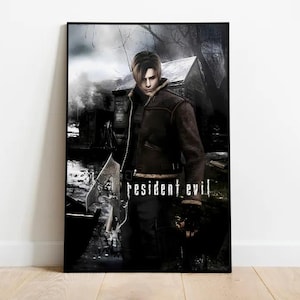 May include: Framed Resident Evil poster featuring a character in a brown jacket, standing in a dark, smoky environment. The poster has the game's title in white text. The overall theme is action and video games.