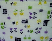 Vintage Novelty Barn Floral Print Cotton Feedsack Fabric, Green, Purple, Black, Yellow on White, Feedsack Cutter Fabric, 40 x 30 quot , 1 Pc.