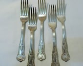 Vintage 1977 International Silver Silverplate 7 1 8 Inch Breakfast Luncheon Buffet Salad Forks, Kings Pattern, No Monogram, 5 Pieces