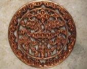 Vintage Brass Filigree Round French Flower Pendant Medallion, Rhinestone Settings, Die Struck Stamping, Old Stock Ginger Patina 43mm, 1 pc.