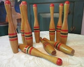 Antique Skittles Game, 1910s Early 20th Century Parlor 10 Pin Bowling Game, Ten 9.75 quot Solid Wood Pins with Worn Painted Stripes, No Ball