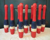 Antique Bowling Game, 1910s 9 Pin Skittles Parlor Game, Chippy Red, White Blue Painted Solid Wood, 8 1 4 quot Tall Pins, No Ball, 9 pcs.