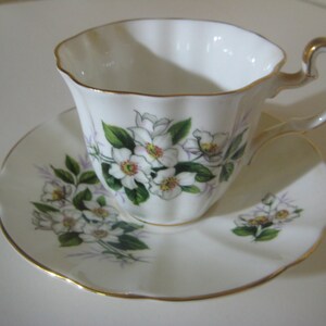 Vintage Tea Cup & Saucer, 1960s Ridgeway Potteries Ltd., Royal Adderley,  White Bone China, White Flowers, Gold Leaf Trim, England, 1 set