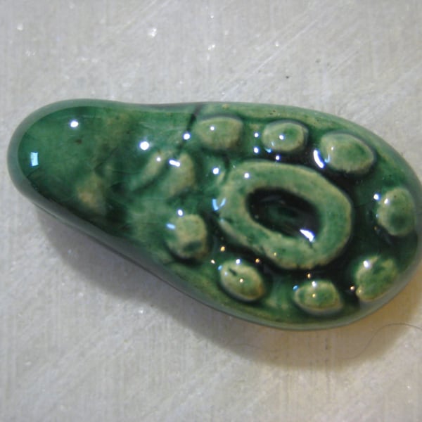 Vintage Porcelain Bead: Handmade Kazuri Green Glazed African Ceramic Clay Novelty Bead, Nairobi, Kenya 34x18mm, 1 piece