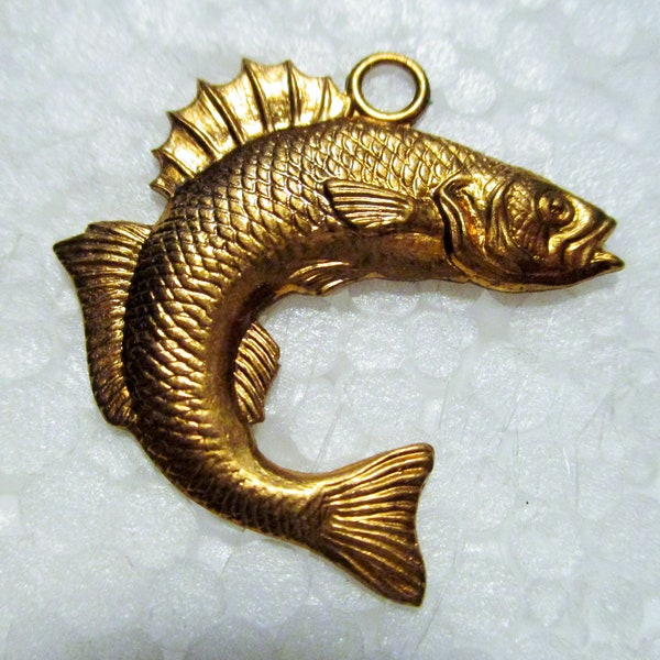 Vintage Leaping Fish Necklace/Bracelet Charm, Pendant Drop, Detailed Stamped Brass, Jewelry Component/Finding, One Loop, 30x30mm, 1 piece