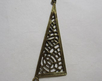 Vintage Antiqued Patina Brass Flat Triangular Shape Filigree Connector: Jewelry Component/Finding, 2 Loop, Old Stock, 37x12mm, 1 Pc.