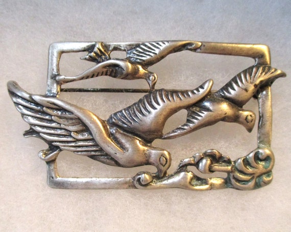 Vintage Heavy Cast Sterling Silver Birds in Fligh… - image 1