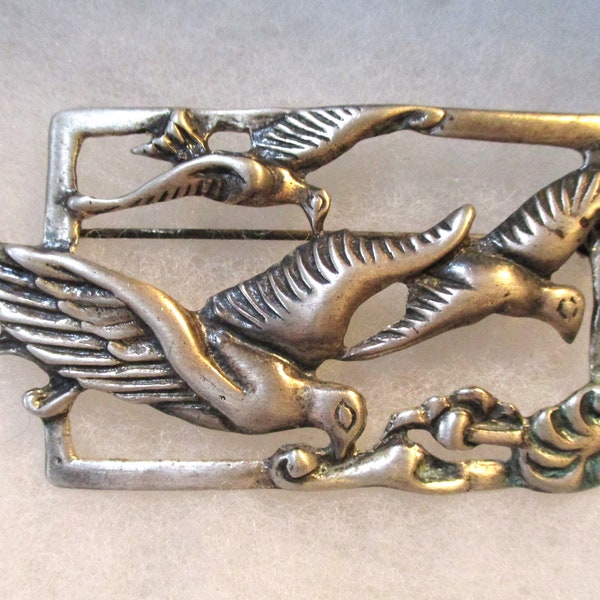 Vintage Heavy Cast Sterling Silver Birds in Flight Brooch Pin, 3 Inches by 1 5/8 Inches. 23.2 Grams (CRMI)