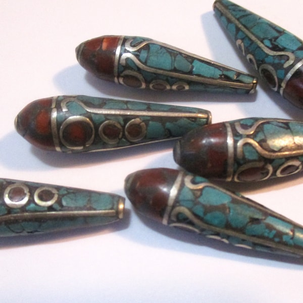 Handmade Tibetan Bead, Elongated Teardrop Shape, Silver, Red Coral & Turquoise Ethnic Tribal Mosaic Design, Large Hole 39mm x 11mm, 1 pc.