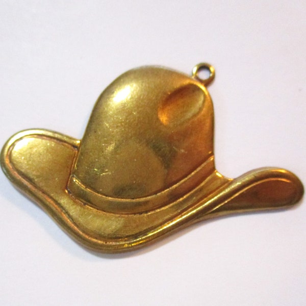 Vintage Cowboy Hat Pendant/Charm/Drop, Western Rodeo Cattleman Style, Unplated Stamped Brass Jewelry Finding, One 2mm Loop, 43x27mm, 1 pc.