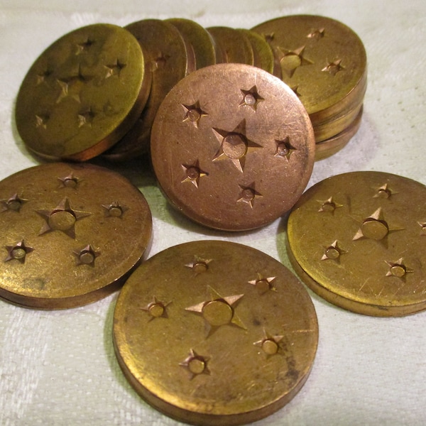 12 Vintage Star Medallions; Celestial Design, Round Raw Brass Stampings, Natural Patina, Older Vintage Findings, Embellishment, 30mm, 12 Pc.