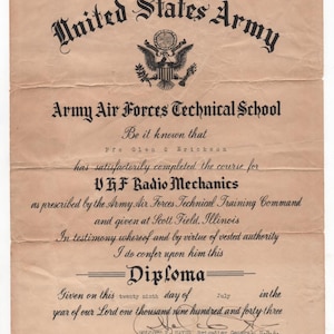 Original Vintage 29.07.1945 U.S. Army Air Forces Tech School UIF Radio Mechanics Diploma (CRMI)