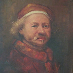 May include: A painting of a man with a white headband and a brown hat. He has a mustache and beard and is wearing a red and brown robe. The painting is signed in the bottom left corner.