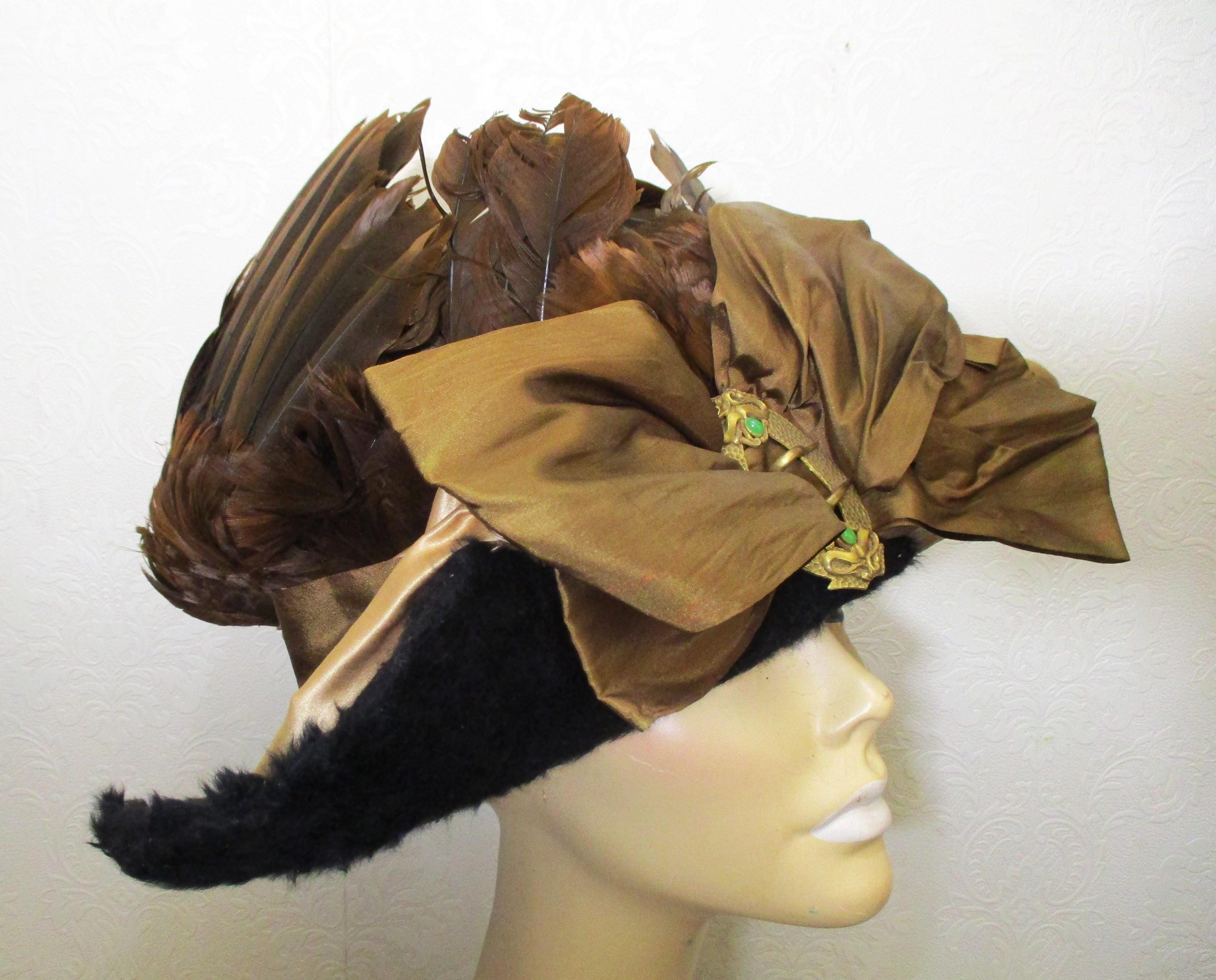 【if you have/Feather Hat】 Ladies Antique Edwardian Circa 1910 Black Beaver Fur Hat, Brown