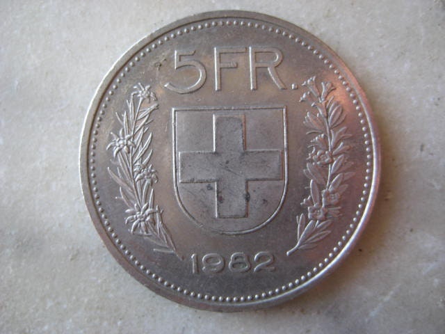 Vintage 1982, 5 Franken Coin, Switzerland, Herdsman/ William Tell